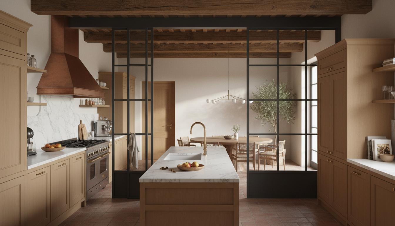 Cucina luminosa con vetrata dal telaio nero